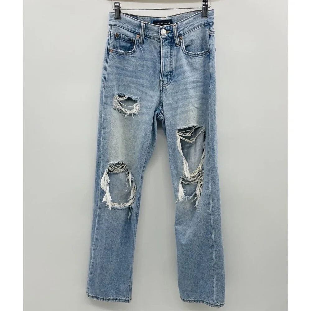 Aeropostale Womens Size 00 Regular 90s Baggy Distressed Button Fly Jeans in Blue